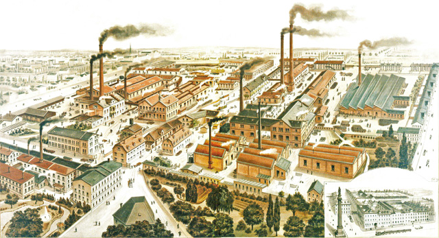 Die alte Fabrik von Merck in Darmstadt auf einem Gemälde aus dem 19. Jahrhundert