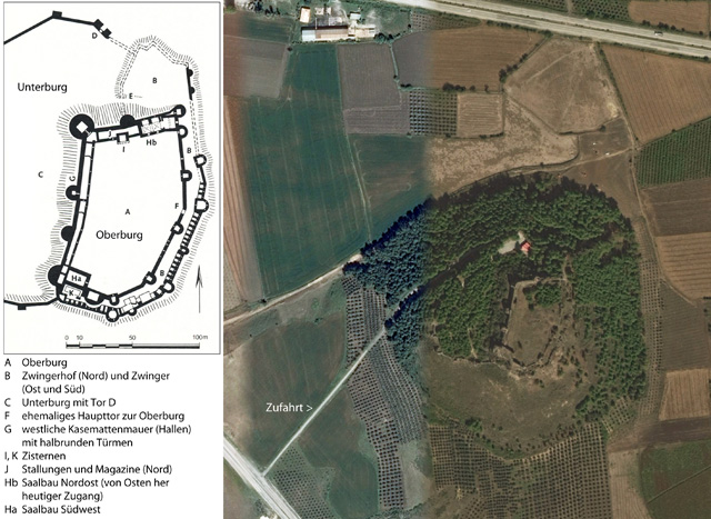 Luftbild der Burg Toprakkale nebst Plan der historischen Anlage