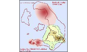 02. Danach verlagerte sich der Vulkanismus nach Norden, wo ein Schildvulkan die Anfänge des heutigen Thera-Nordteils aus dem Meer hob. Der Geologe Hans Reck nannte ihn 1936 „Peristeria-Vulkan“, wohl weil damals die Meeresbucht unterhalb der Calderenrandberge „Megalo Vouno“ und „Mikro Profitis Elias“ so genannt wurde. Dieser Name findet sich aber heute in keiner Karte mehr. Die Laven und Aschen des Peristeria-Vulkans machen ungefhr die unteren 2/3 der heutigen Calderenrandberge „Megalo Vouno“ und „Mikro Profitis Elias“ aus.