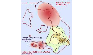 03. Teils parallel zum Peristeria-Vulkan, teils danach eruptierten – wieder am Kap Akrotiri des heutigen Thera – mehrere Schlacken- und Aschenvulkane. Sie produzierten fest verschweißte Ablagerungen, die sich bis in unsere Zeit gehalten haben. Der Mavrorachidi-Vulkan unweit westlich der heutigen minoischen Ausgrabungsstätte ist als „Red Beach“ ein beliebtes Ausflugs- und Badeziel von Santorin-Urlaubern.