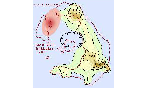 10. Der Vulkanismus verlagerte sich alsbald nach Nordwesten, wo seitlich der eingestürzten Caldera um das heutige Thirasia-Kap Simandri ein neuer Vulkan aufzusteigen begann.
			Weitere Eruptionen in dieser Zeit sind nicht einmal grob lokalisierbar und datierbar. Sie bleiben daher in dieser Darstellung unberücksichtigt (Kap Thera - wo immer das sein soll, Aspronisi-Tuff-Ring, Vurvoulos Eruption, Obere Schlacken 1-Eruption).