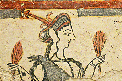 Fresco mit Frau vor Altar aus dem Kultbezirk von Mykene
