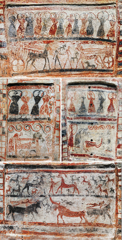 Bildflächen auf den vier Seiten des Tanagra-Sarges 3 im Theben-Museum
