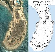 Die Maa-Halbinsel in der Google Earth-Ansicht (links) sowie im gleichen Mastab mit Kartierung der Ausgrabungen, der landseitigen Zyklopenmauer (oben) und der Befestigungen auf dem flach zum Meer abfallenden Ende (unten). Links ist mit einem weien Pfeil die Lage des kleinen Museums auf der Halbinsel eingetragen.