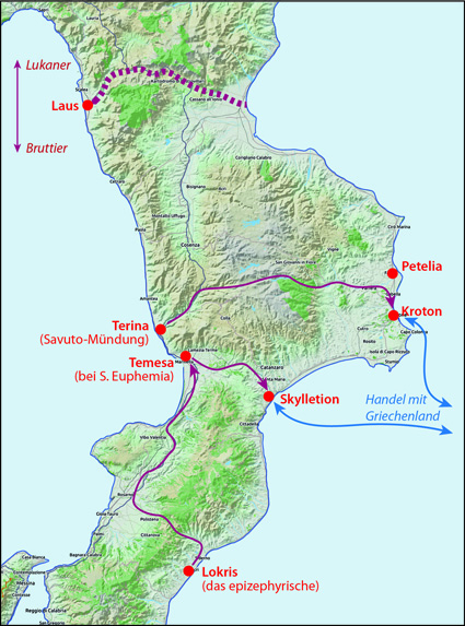 Kalabrien-Karte mit historischen Orten aus Homerischer Zeit