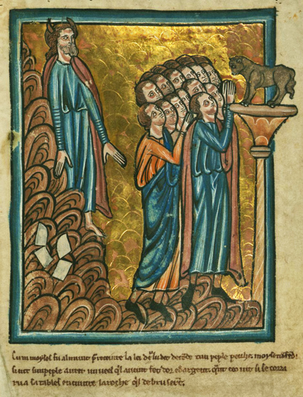mittelalterliche Darstellung des gehörnten Moses hinter seinem das Goldene Kalb anbetenden Volk