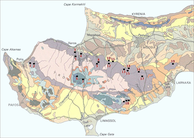 Geologische Karte mit den rezenten Minen auf Zypern