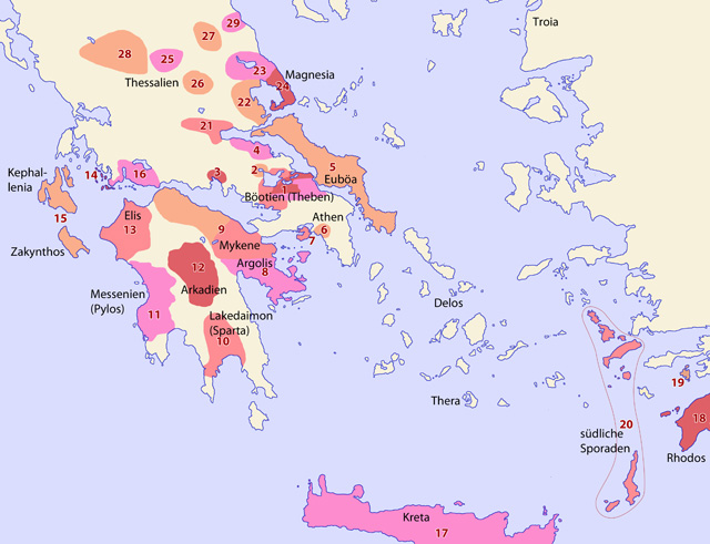 Kartografie der Herkunftsgebiete der Kontingente im Schiffskatalog von Homers Ilias