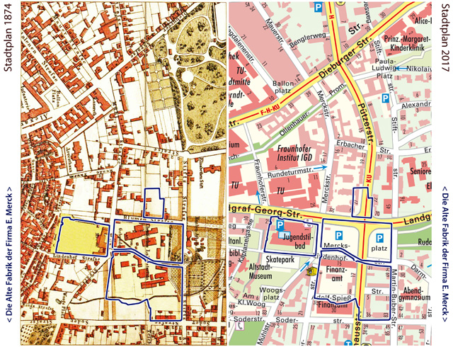 Lokalisierung von Mercks Alter Fabrik im Osten Darmstadt auf Stadtplänen von 1874 und 2017