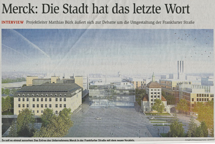 die seit Ende November 2015 neu von Merck verbreitete Ansicht des Emanuel Merck-Platzes im Darmstädter Echo