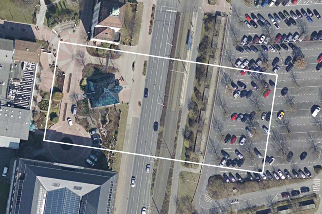 die Konturen des zukünftigen Emanuel Merck-Platzes auf einem Luftbild der alten Situation