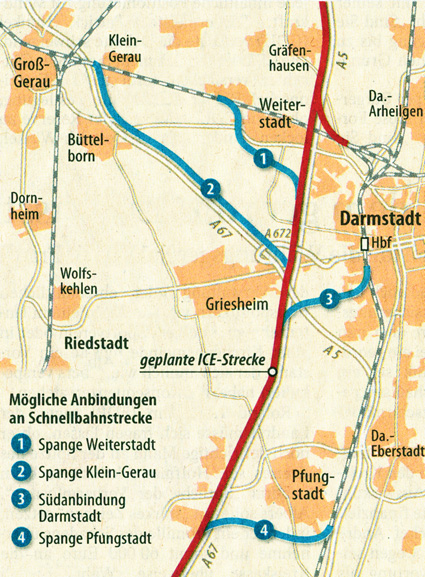 Verknüpfungsoptionen nach der Korridorstudie 2015 zur ICE-Neubaustrecke im Raum Darmstadt