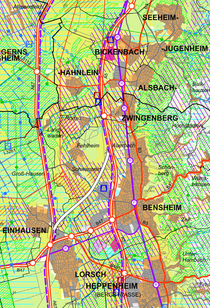 Konflitarme Trasse zum Verschwenk der ICE-Neubaustreße von der A5 zur A67 in Höhe von Bensheim