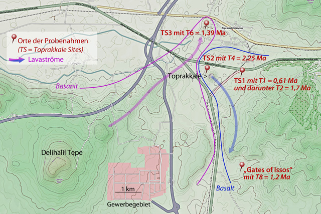 Lokalisierung der Probenahmen aus dem Toprakkale-Vulkanismus auf topografischer Karte