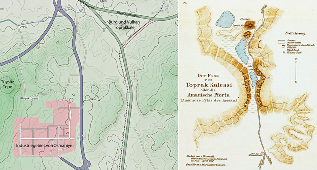 Die vulkanische Pforte / Pass von Toprakkale in topografischer Karte und historischer Kartierung durch Janke