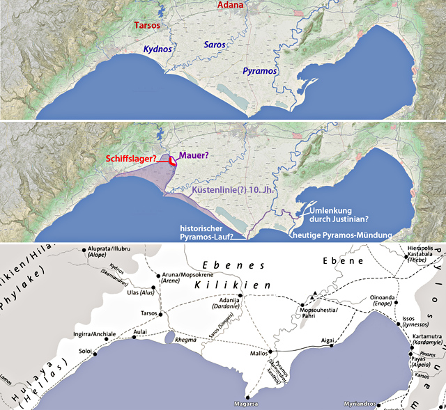 historische und rezente Küstenlinien, darin der mögliche Ort des achaiischen Schiffslagers