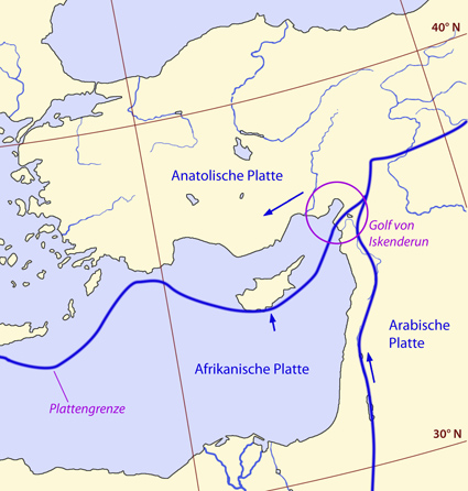Konstellation dreier Kontinentalplatten im Raum des Golfs von Iskenderun