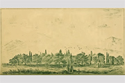 Historische Zeichnung des noch völlig frei in der Vegetation stehenden Donuktaş von dessen Ostseite (rechts die Freitreppe), entstanden auf einer Kilikienreise von Victor Langlois in den Jahren 1852/53