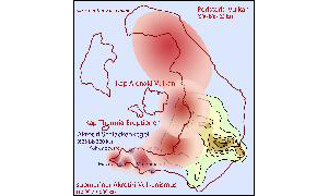 04.-06. In nicht hinreichend bestimmbarer Zeit kam es auch zwischen den vulkanischen Zentren im Norden und Süden zu weiteren Vulkanbildungen, die nach zwei der heutigen Calderenkaps südlich von Megalochori (in der Südost-Bucht der Caldera) benannt sind: Kap Thermia und Kap Alai bzw. Alokani. Diese Vulkane, die auch schlicht „Thera Vulkan“ genannt werden, führten zum Zusammenschluss der prävulkanischem Kalk- und Schieferinse mit den frühen Akrotiri-Vulkanenim Süden und dem Peristeria Vulkan im Norden.