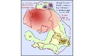 <strong>Die Skaros- und Therasia-Vulkane vor 80 bis 60.000 Jahren</strong>: Der markante Skarosfelsen unterhalb von Imerovigli, hinten Thirasia. Im Mittelalter war dieser Felsrücken bebaut und befestigt, wovon nur noch Reste zu sehen sind.