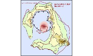 23a. In der Folgezeit wiederholte sich der Vorgang, dass ein neuer Vulkan aus dem Meer erwuchs und die alte Caldera allmählich auffüllte. Kurz vor der Minoischen Eruption war sie nur noch eine flache Meereslagune, aus der sich ein neuer Vulkan (wohl etwas höher als die heutigen Kameni-Inseln) erhob.