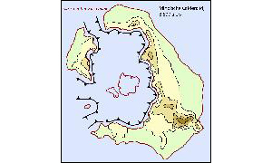 25. Ein letztes Mal brach die Caldera – wohl in mehreren Abschnitten – ein. Bis auf den Rest der heutigen Insel Aspronisi versank der südliche Teil von Thirasia in der entleerten Magmakammer. Im Südwesten öffnete sich die Caldera auf breiter Front zum Meer. Auch im Norden brach die Verbindung zwischen Thera und Thirasia ein und öffnete eine Meeresverbindung (falls die nicht bereits vor der minoischen Eruption schon bestand).
Schließlich sank auch das Zentrum der Caldera erneut ab, wobei anzumerken ist, dass die zentrale Vulkaninsel bereits im Zuge der Eruption in einer langen Serie immer weiter ausgreifender Explosionen verschwunden sein dürfte.