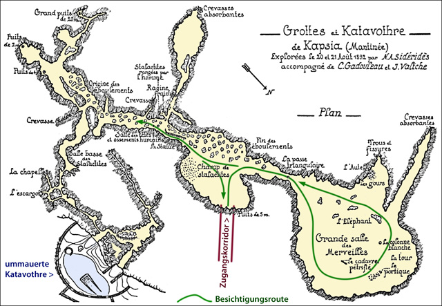 Plan der Kapsia-Tropfsteinhöhle auf dem Peloponnes