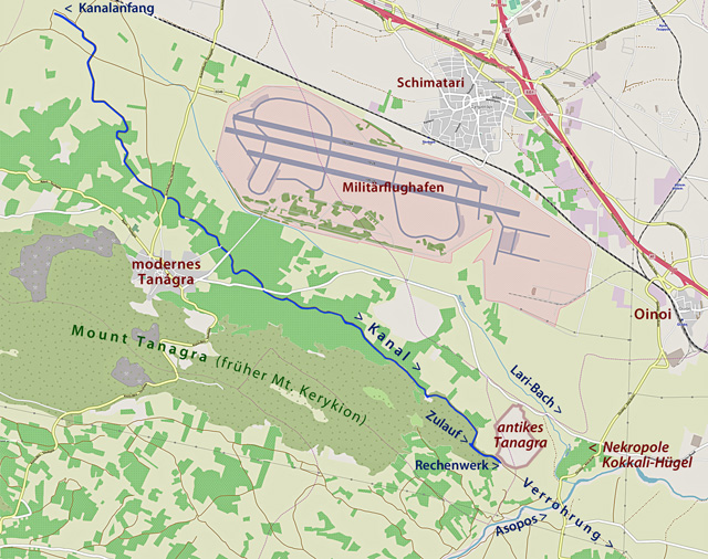 das moderne und das antike Tanagra in Böotien auf topografischer Karte