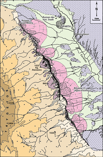 geologisch-geografische Skizze der Ebene von Sparta mit angrenzendem Taygetos-Gebirge