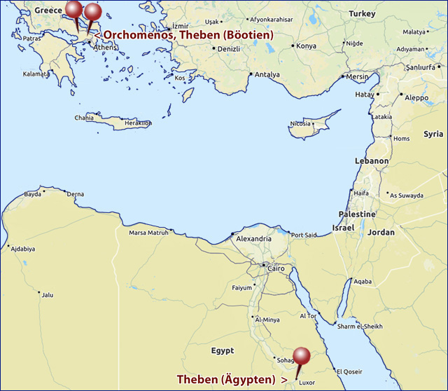 Kartenskizze des östlichen Mittelmeerraums mit Theben in Böotien und Theben in Ägypten