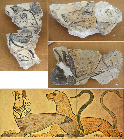 Putzfragmente aus dem Palast von Pylos mit Greif und Löwe