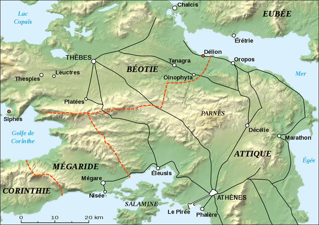 Karte von Böotien und Attika zur Zeit der Schlacht bei Delion (424 v. Chr.)