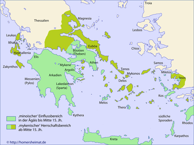 Karte der Ägäis mit minoischem Einflussgebiet und nachfolgendem mykenischen Herrschaftsbereich