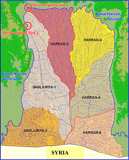 Bewässerungsschema der Harran-Ebene mit allen Kanälen und Rinnen