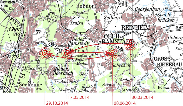 Lokalisierung der vier Hauptbeben von 2014 südöstlich von Darmstadt