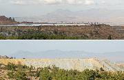 Die aktive Bioleaching-Halde vor der Kulisse des Pentadaktylos-Gebirges im Oktober 2009 (oben) und im Mai 2012 (unten) aus leicht unterschiedlichen Perspektiven. Sie ist deutlich gewachsen, obenauf sind die Sprinkler-Kanonen montiert.