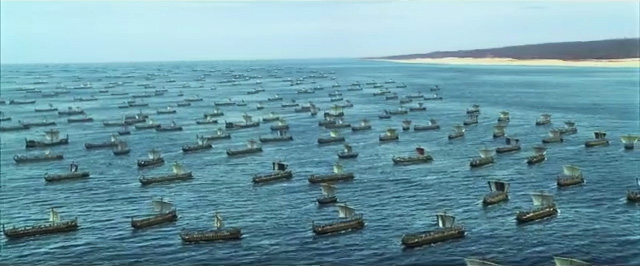 die griechische Flotte vor Kleinasien in Roland Petersens Troia-Film 